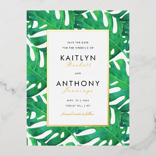 トロピカルパ葉ームビーチ結婚式保存日 箔招待状ポストカード (正面)