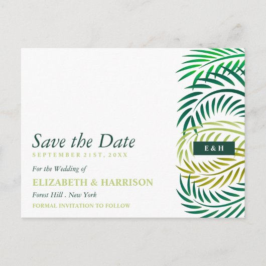 トロピカルパ葉ームビーチ結婚式、日付を保存 ポストカード (正面)