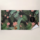 トロピカルパ葉ームフローラモノグラムブラックバ ビーチタオル (正面)
