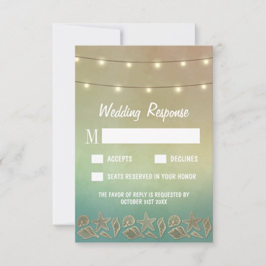 トロピカルヒトデとシーシェルウェディングRSVPカード 出欠カード (正面)