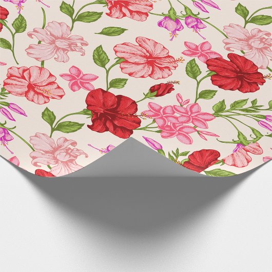 トロピカルヒビスカスとプルメリアの花柄 ラッピングペーパー