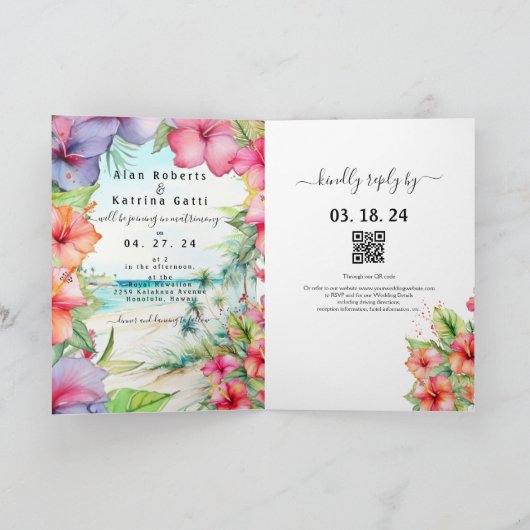 トロピカルヒビスカスビーチ折りたたみ招待状 招待状 (内部)