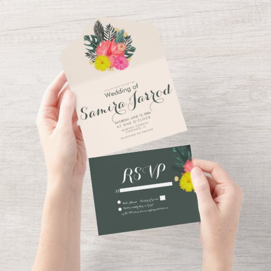 トロピカルヒビスカス手描きサマーウェディング オールインワン招待状 (貼ってはがせる)