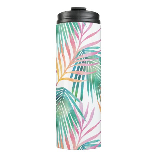 トロピカルビブピンク&ティール(緑がかった色)ウォーターカラーパームリーフ タンブラー (正面)