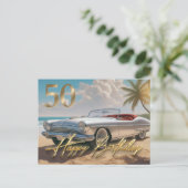 トロピカルビーチでのヴィンテージスポーツカー 50歳の誕生日おめでとう ポストカード (スタンド正面)