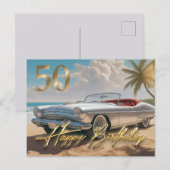 トロピカルビーチでのヴィンテージスポーツカー 50歳の誕生日おめでとう ポストカード (正面/裏面)