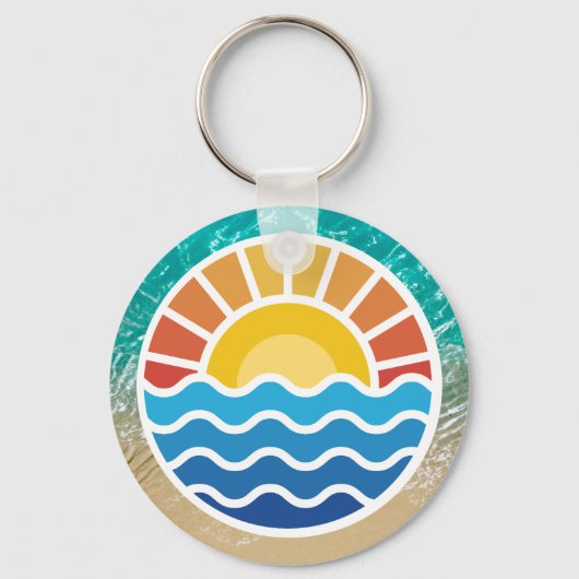 トロピカルビーチと鮮やかな夕日と青い波 キーホルダー (正面)