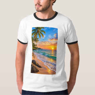 トロピカルビーチのサンセット風景 Tシャツ