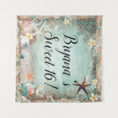 トロピカルビーチのヒトデとパールのパーティーバックドロップ タペストリー (正面(横))