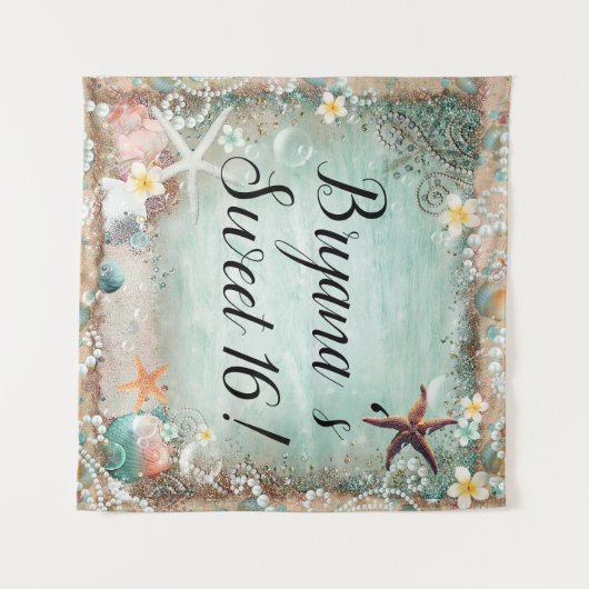 トロピカルビーチのヒトデとパールのパーティーバックドロップ タペストリー (正面(横))