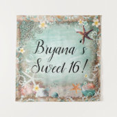 トロピカルビーチのヒトデとパールのパーティーバックドロップ タペストリー (正面)