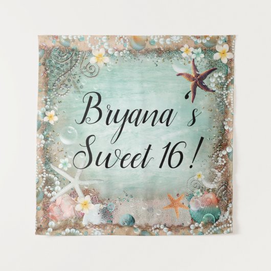 トロピカルビーチのヒトデとパールのパーティーバックドロップ タペストリー (正面)