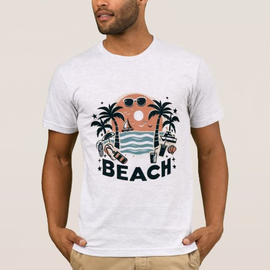 トロピカルビーチのヤシの木とサンセット Tシャツ (正面)
