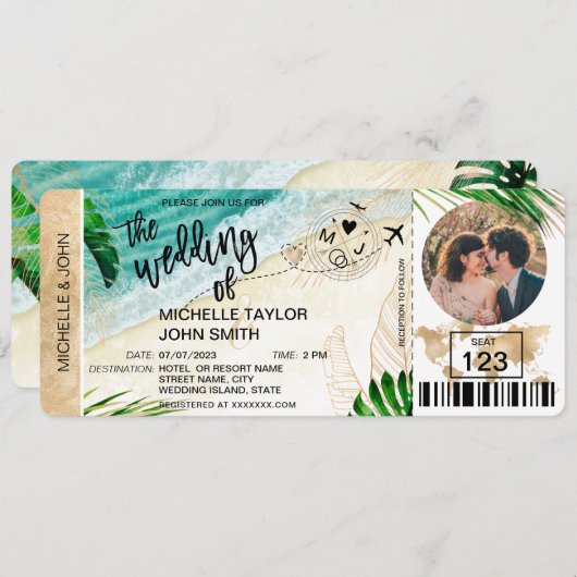 トロピカルビーチの世界地図写真の搭乗券 招待状 (正面/裏面)