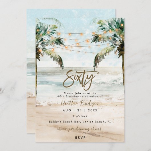 トロピカルビーチの手のひら60th誕生日パーティー 招待状 (正面/裏面)