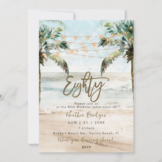 トロピカルビーチの手のひら80th誕生日パーティー 招待状 (正面)