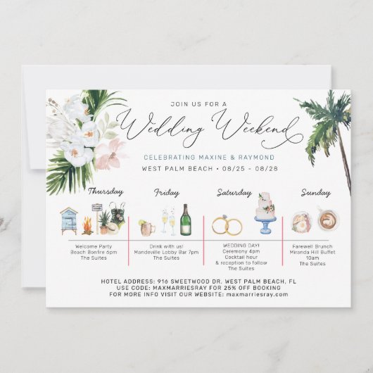 トロピカルビーチの結婚式の週末の予定 | ウェディングペーパーアイテム 招待状 (正面)