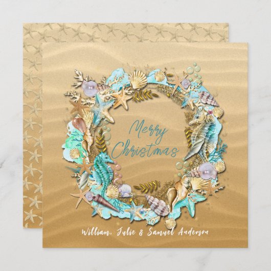 トロピカルビーチの貝殻、ヒトデ、サンドドル シーズンカード (正面/裏面)