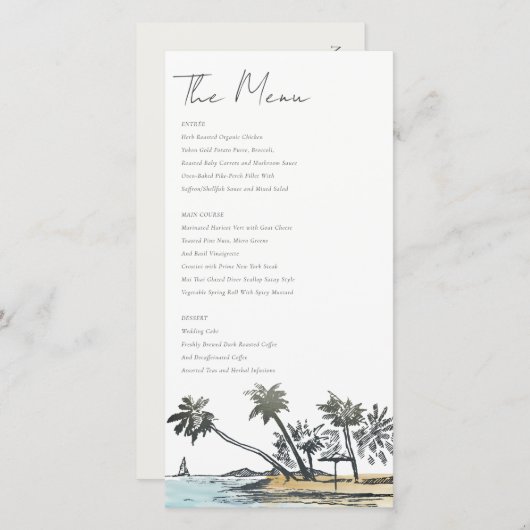 トロピカルビーチのPalm Tree Sketch結婚のメニューカード サンキューカード (正面/裏面)