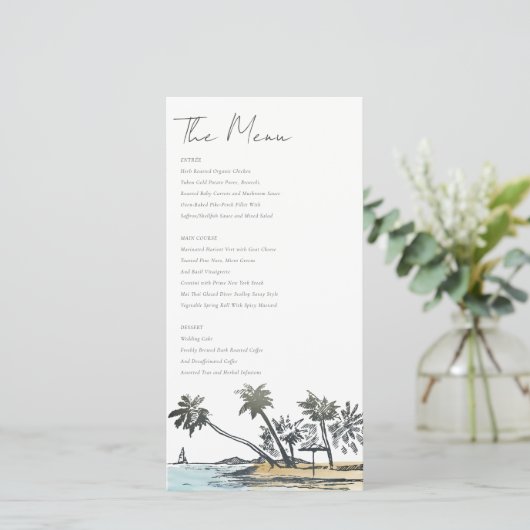 トロピカルビーチのPalm Tree Sketch結婚のメニューカード サンキューカード (スタンド正面)