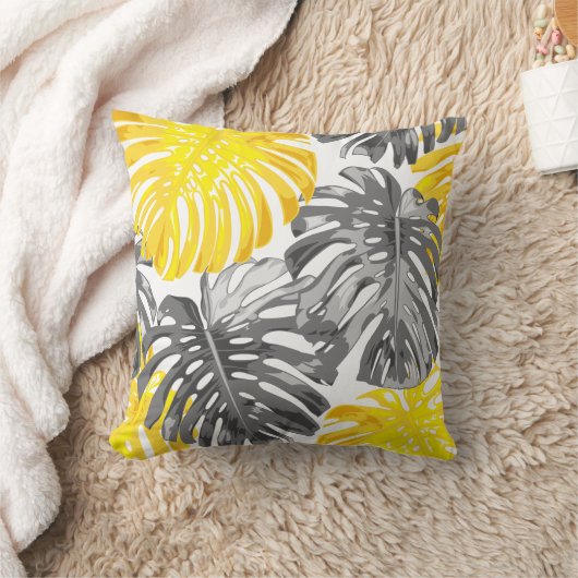 トロピカルビーチイエローグレモダンージャングル葉ズ クッション (ブランケット)