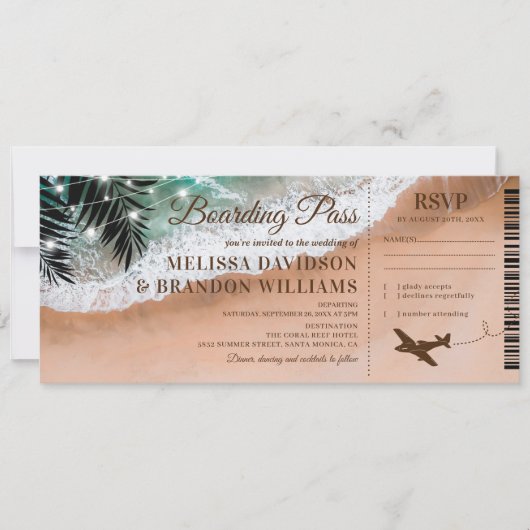 トロピカルビーチウェディングの搭乗券 招待状 (正面)