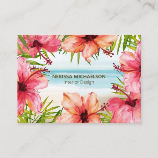 トロピカルビーチウォーターカラーハイビスカスフラワー&パーム 名刺 (正面)
