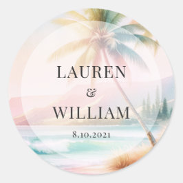 トロピカルビーチウォーターカラーパーム結婚ツリー ラウンドシール
