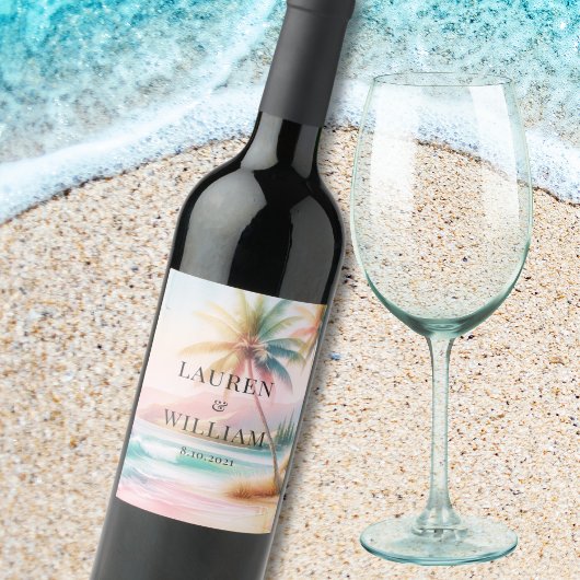 トロピカルビーチウォーターカラーパーム結婚ツリー ワインラベル