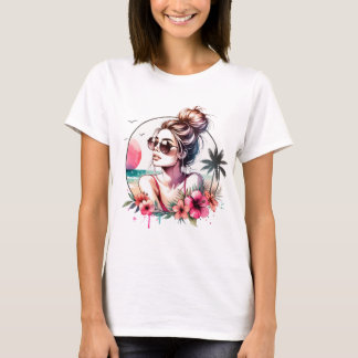 トロピカルビーチガール水彩画 Tシャツ