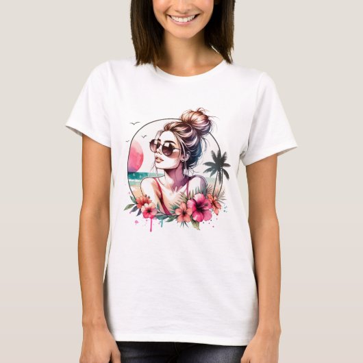トロピカルビーチガール水彩画 Tシャツ (正面)