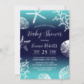 トロピカルビーチコーラルリーフネイビー&ティール（緑がかった色）ベビーシャワー 招待状 (正面)