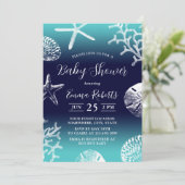 トロピカルビーチコーラルリーフネイビー&ティール（緑がかった色）ベビーシャワー 招待状 (スタンド正面)