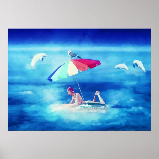 トロピカルビーチサマーガールバケーションウォーターカラー ポスター (正面)