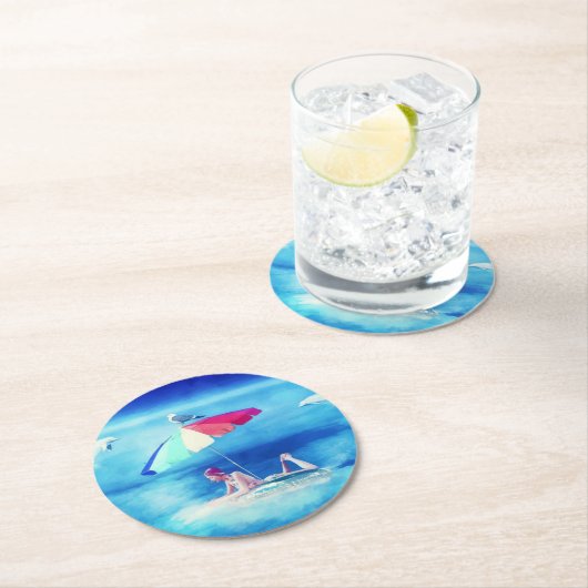 トロピカルビーチサマーガールバケーションウォーターカラー ラウンドペーパーコースター (インサイチュ)