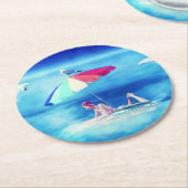 トロピカルビーチサマーガールバケーションウォーターカラー ラウンドペーパーコースター (アングル)
