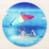トロピカルビーチサマーガールバケーションウォーターカラー ラウンドペーパーコースター (正面)