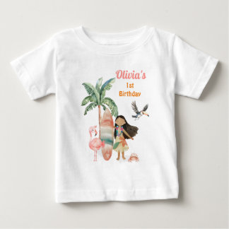 トロピカルビーチサマーサーフシー1歳誕生日ガール ベビーTシャツ