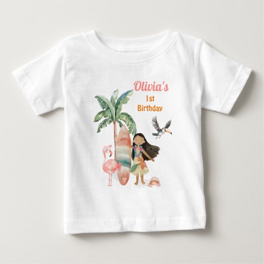 トロピカルビーチサマーサーフシー1歳誕生日ガール ベビーTシャツ (正面)