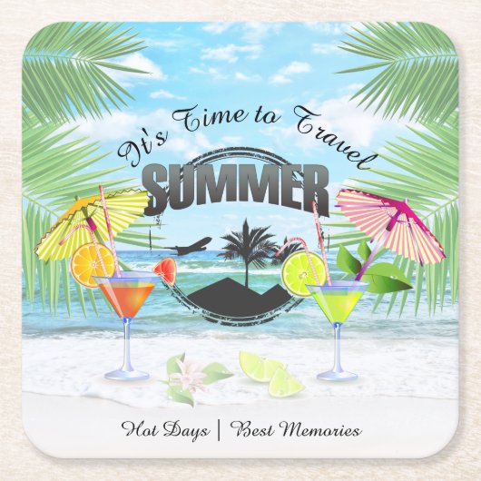 トロピカルビーチサマーバケーション |パーソナライズされた | スクエアペーパーコースター (正面)