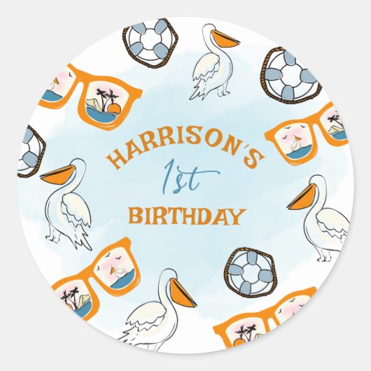 トロピカルビーチサングラスボーイ誕生日 ラウンドシール (正面)