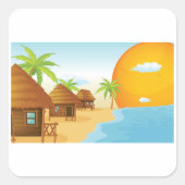 トロピカルビーチサンセットと草葺き小屋 スクエアシール (正面)