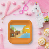 トロピカルビーチサンセットと草葺き小屋 ペーパープレート (パーティー)