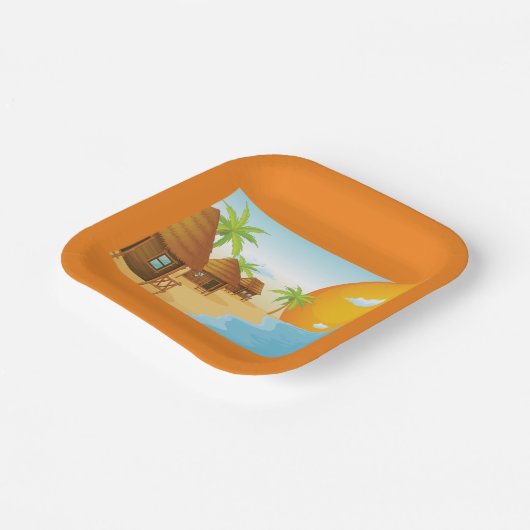 トロピカルビーチサンセットと草葺き小屋 ペーパープレート (傾斜あり)