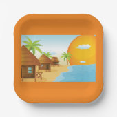 トロピカルビーチサンセットと草葺き小屋 ペーパープレート (正面)