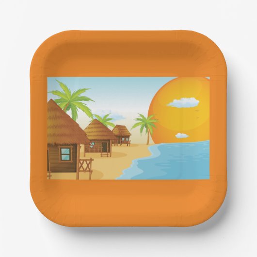 トロピカルビーチサンセットと草葺き小屋 ペーパープレート (正面)