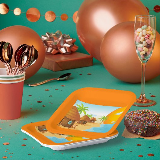 トロピカルビーチサンセットと草葺き小屋 ペーパープレート