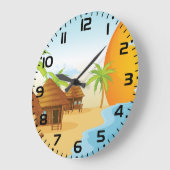 トロピカルビーチサンセットと草葺き小屋 ラージ壁時計 (傾斜)