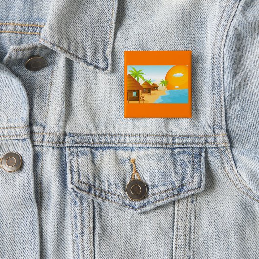 トロピカルビーチサンセットと草葺き小屋 缶バッジ