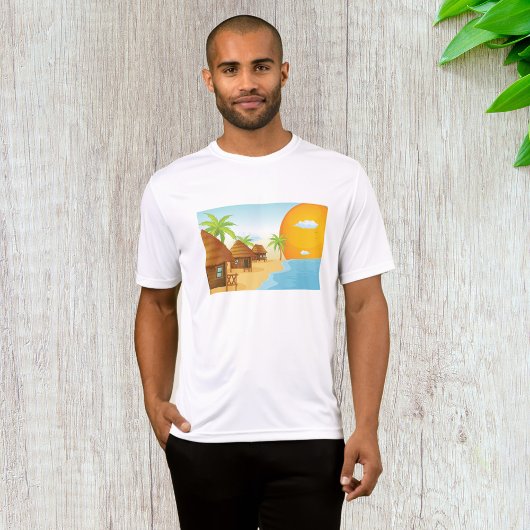 トロピカルビーチサンセットと草葺き小屋 Tシャツ